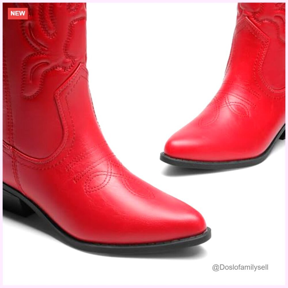 Women's Mid Calf Cowboy Boots with Embroidery Stitching, 1.37-Inch Heel - Picture 6 of 7